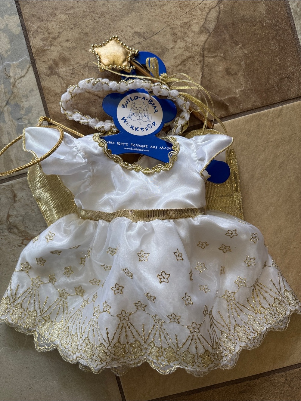 Build-A-Bear White & Gold Angel Costume Dress with Star Details